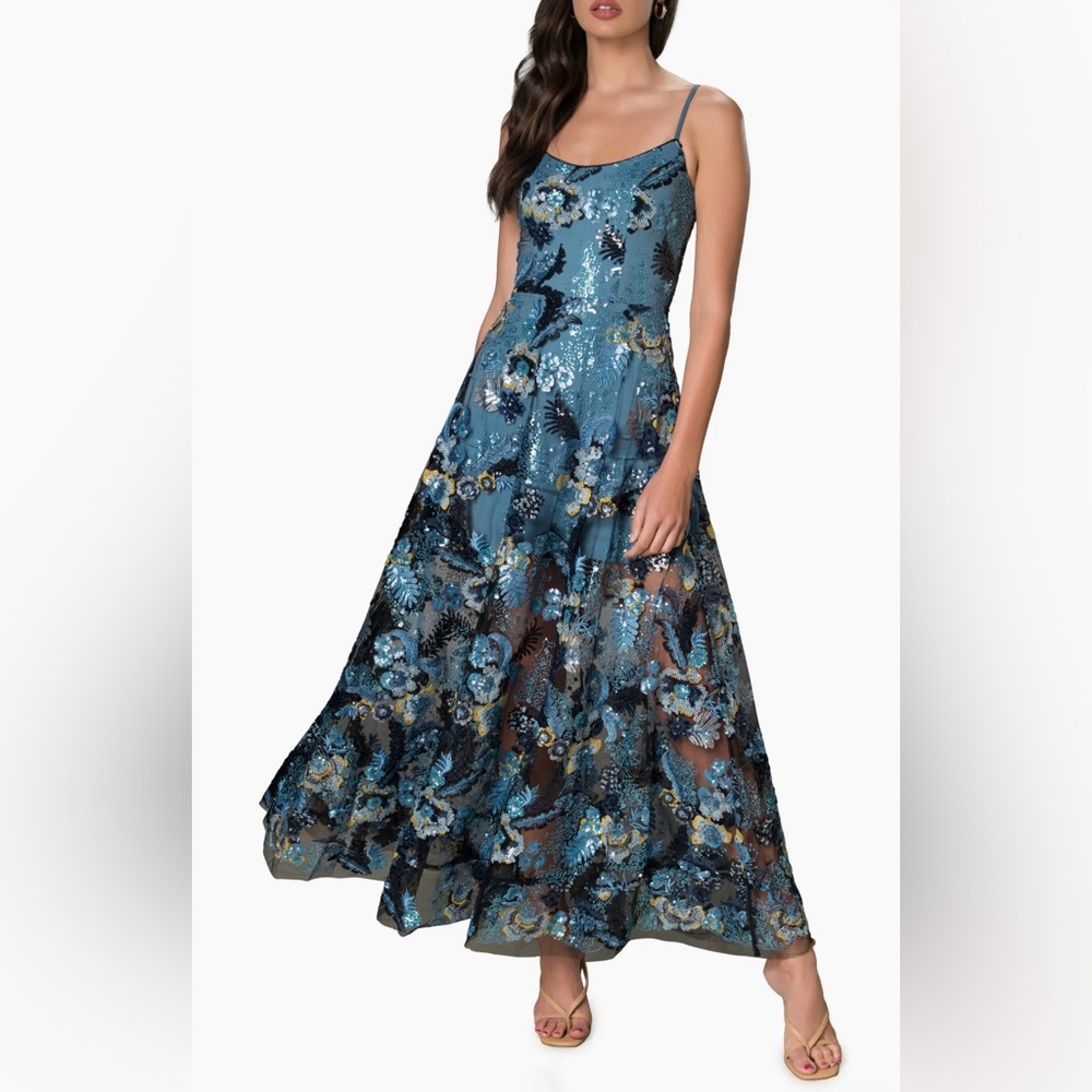 Dress The Population Umalina Sequin Floral Fit & Flare Gown Blue Sz M - Picture 1 of 14